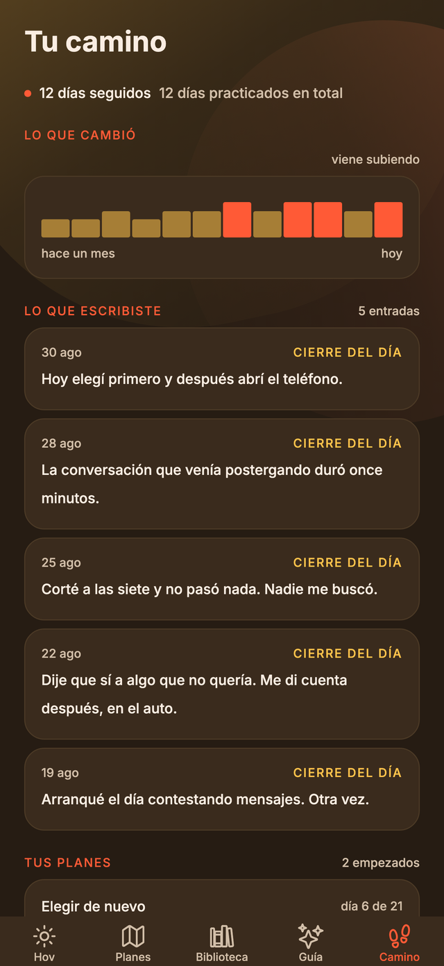 Pantalla de ElevarTe: tu camino, con la racha, lo que cambió y lo que escribiste cada día.