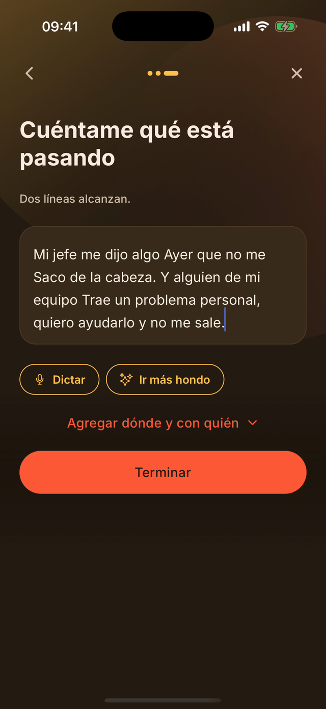 Pantalla de ElevarTe: cuéntame qué está pasando. Dos líneas alcanzan.